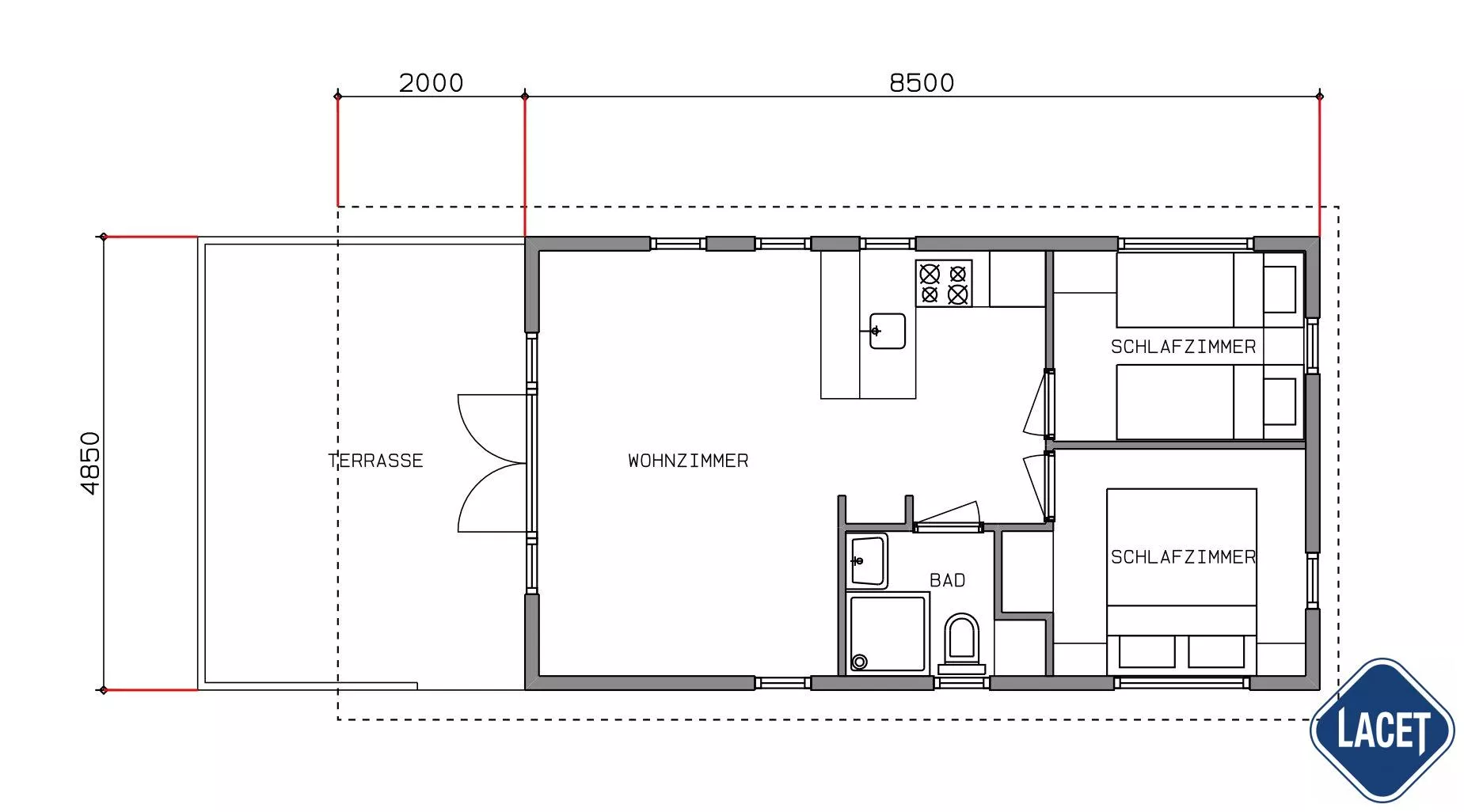 Grundriss eines Tiny Houses mit Terrasse, Wohnbereich, Küche, Bad und zwei Schlafzimmern